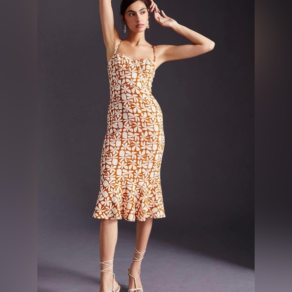 Anthropologie Hutch brown motif cream Floral Slim Midi Dress size large new - Picture 8 of 10